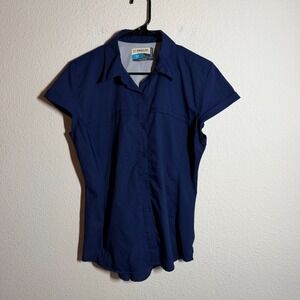 Magellan Outdoors Semi-Fitted Shirt Womens large Navy Blue Fish Gear Button-Up